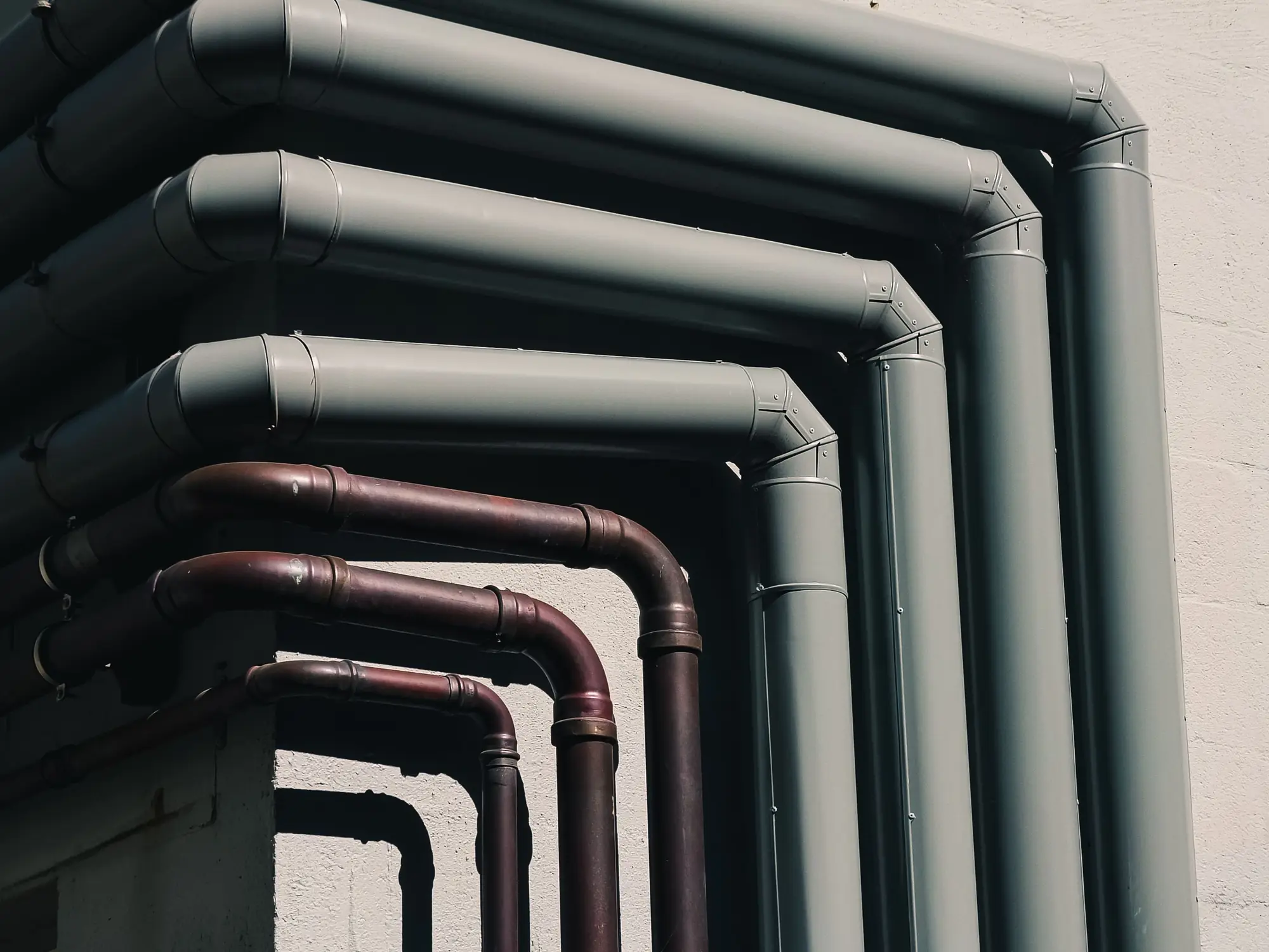 Painted steel pipes turning through right angles across a plant wall.